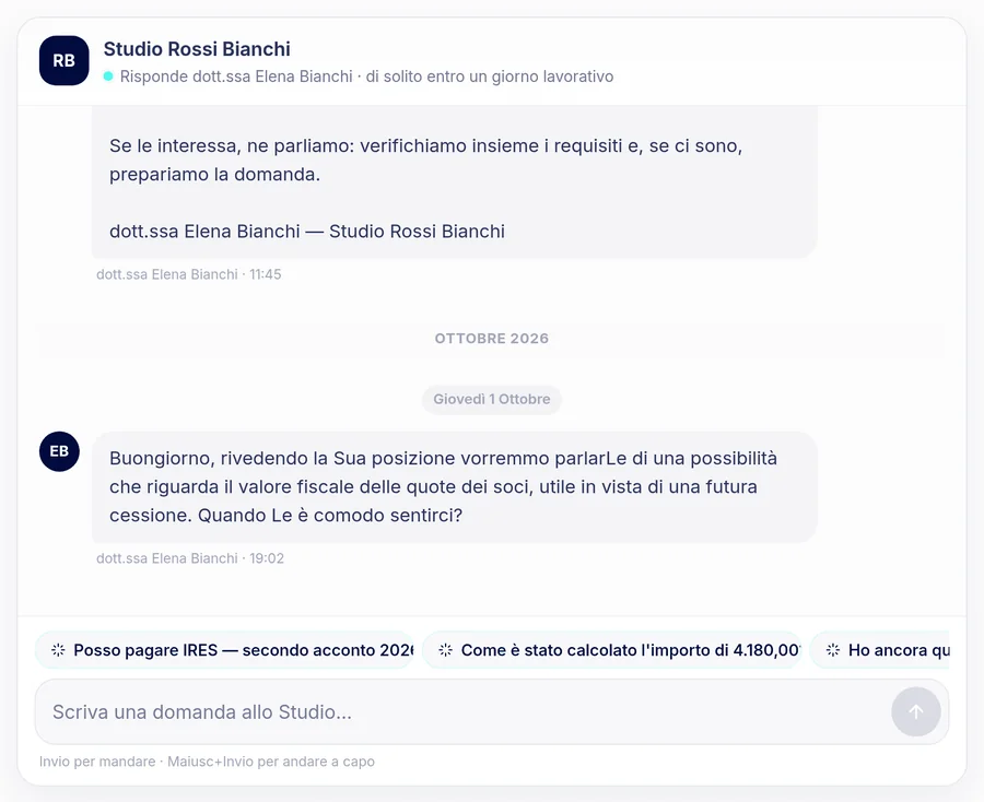 La chat del portale: lo Studio propone al cliente di parlare del valore fiscale delle quote dei soci