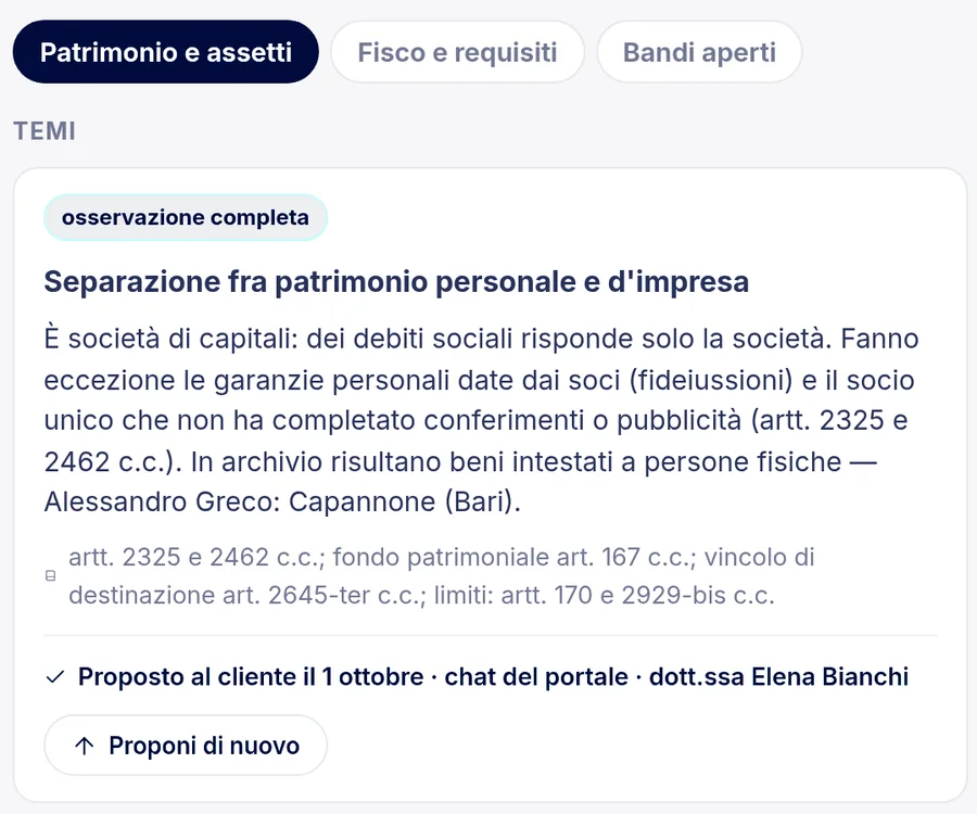 La scheda Opportunità nell'Area Studio: un tema di patrimonio con le norme e la proposta già fatta al cliente